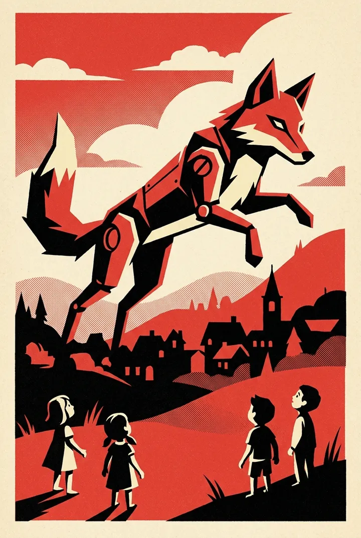 Mechanical fox leaping over a village