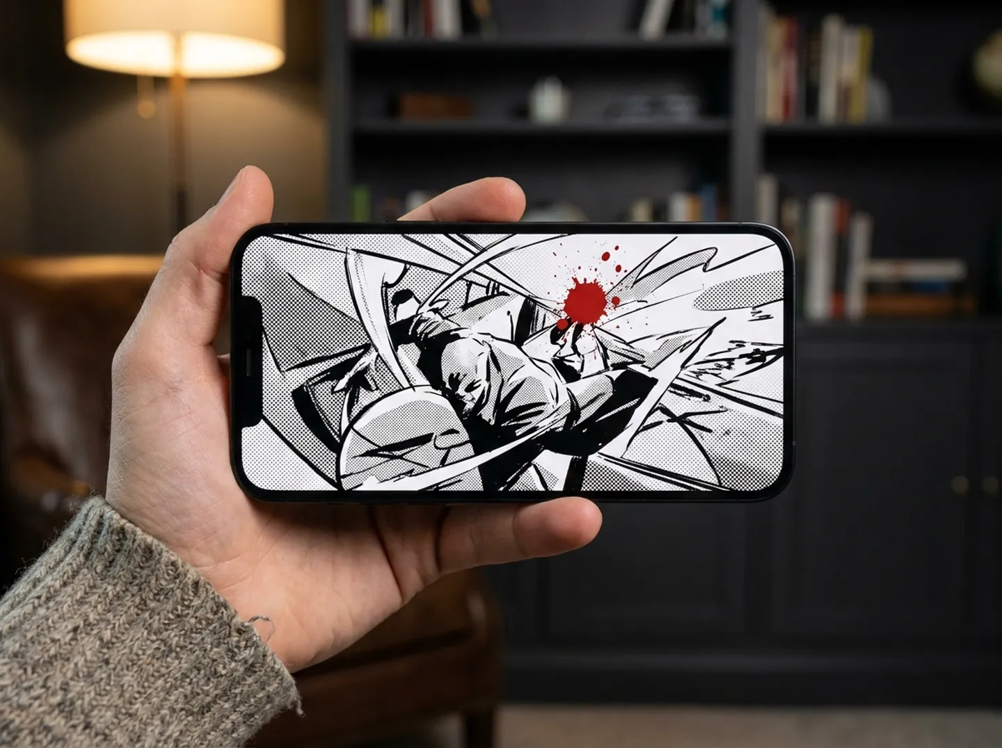 A phone held in hand showing a comic panel in the PocketComics reader